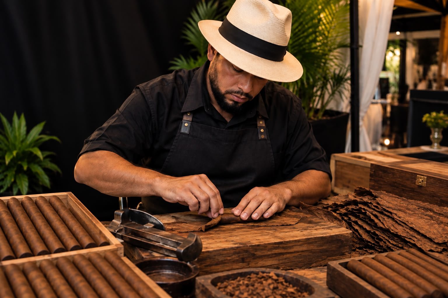 Master cigar roller hand-rolling cigars at a live event station