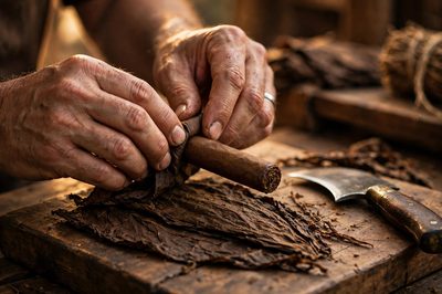 Hands of a master roller rolling a cigar on tobacco leaves